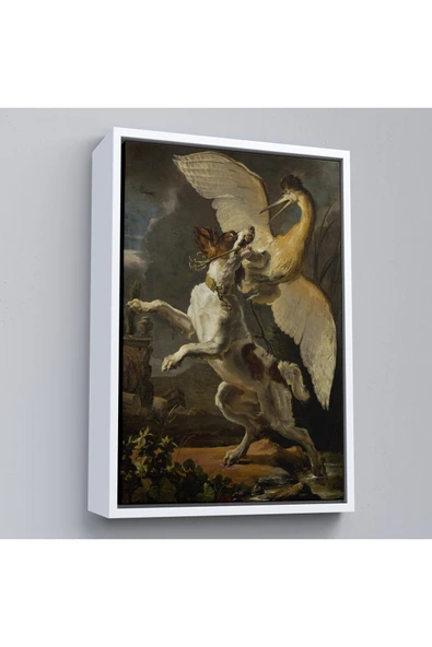 Trezon Ahşap Çerçeveli Abraham Hondius - Kuşa Saldıran Köpek Tablo - Dog Fighting A Heron-7281 ürün görseli 1
