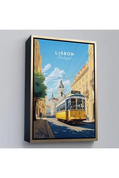 Trezon Ahşap Çerçeveli Portekiz Lizbon Sarı Tramvay Tablosu-7972 ürün görseli 1