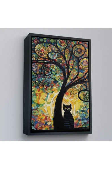 Trezon Ahşap Çerçeveli Ağaç Altındaki Siyah Kedi Tablosu-7899 ürün görseli 1