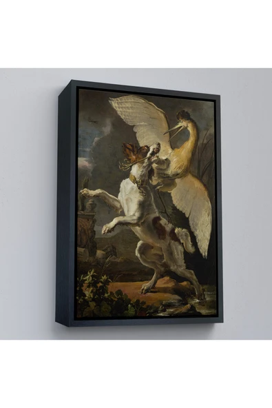 Trezon Ahşap Çerçeveli Abraham Hondius - Kuşa Saldıran Köpek Tablo - Dog Fighting A Heron-7281 ürün görseli 1