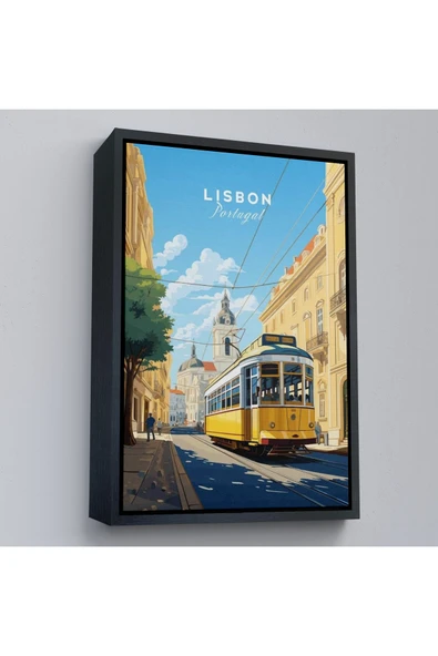 Trezon Ahşap Çerçeveli Portekiz Lizbon Sarı Tramvay Tablosu-7972 ürün görseli 1