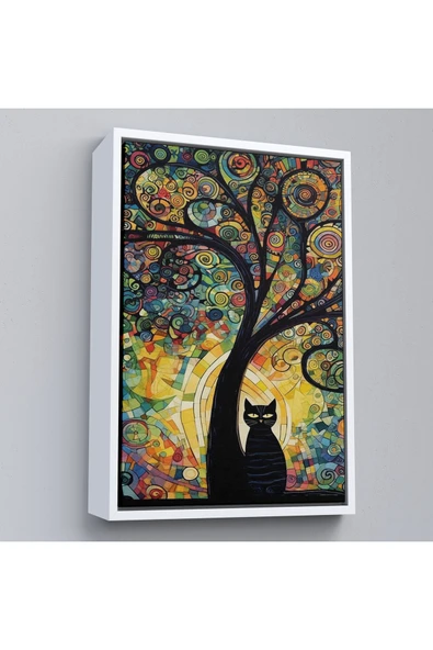 Trezon Ahşap Çerçeveli Ağaç Altındaki Siyah Kedi Tablosu-7899 ürün görseli 1