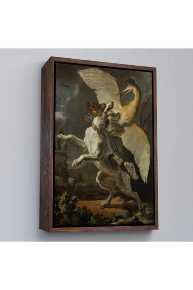 Trezon Ahşap Çerçeveli Abraham Hondius - Kuşa Saldıran Köpek Tablo - Dog Fighting A Heron-7281 ürün görseli 1