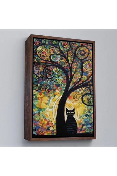 Trezon Ahşap Çerçeveli Ağaç Altındaki Siyah Kedi Tablosu-7899 ürün görseli 1
