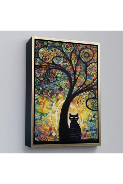 Trezon Ahşap Çerçeveli Ağaç Altındaki Siyah Kedi Tablosu-7899 ürün görseli 1