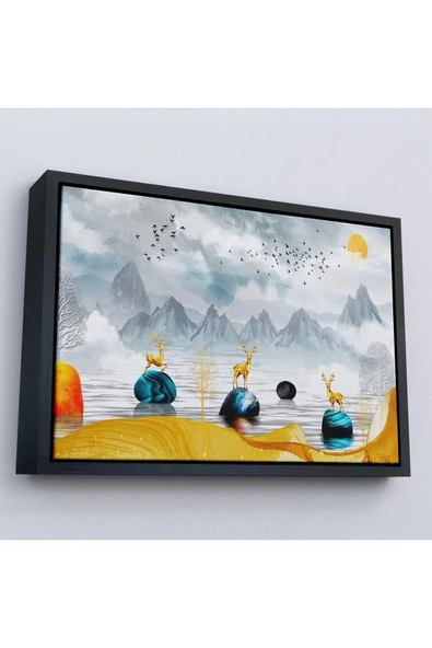 Trezon Ahşap Çerçeveli 3D Modern Tasarım Altın Geyikler Tablosu-7196 ürün görseli 1