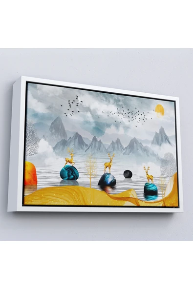 Trezon Ahşap Çerçeveli 3D Modern Tasarım Altın Geyikler Tablosu-7196 ürün görseli 1