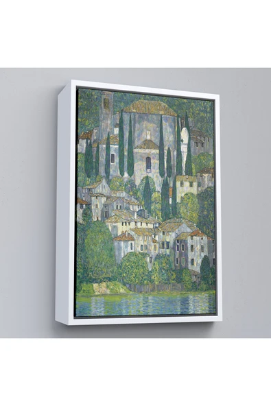 Trezon Ahşap Çerçeveli Gustav Klimt - Cassone'Deki Kilise Selvili Manzara Tablosu-8095 ürün görseli 1