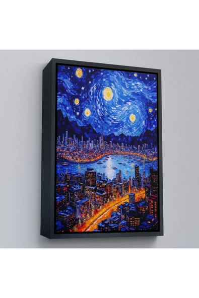 Trezon Ahşap Çerçeveli Vincent Van Gogh Tarzı New York Manzara Tablosu-7700 ürün görseli 1