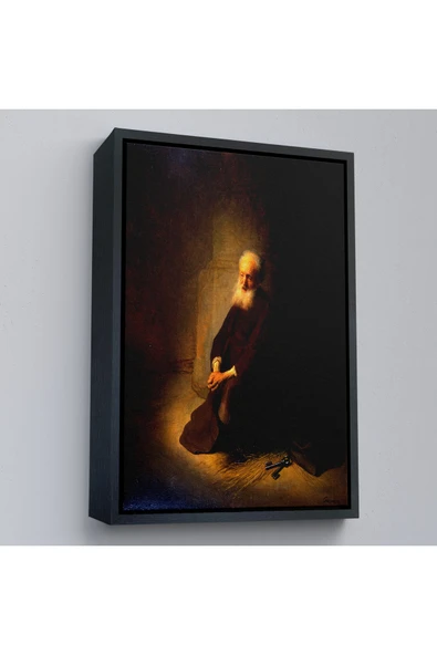 Trezon Ahşap Çerçeveli Rembrandt Van Rijn - Hapishanedeki Havari Aziz Peter Diz Çökmüş Tablo-7410 ürün görseli 1