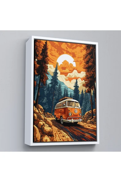 Trezon Ahşap Çerçeveli Retro Volkswagen Minibüs Ve Manzara Tablosu-7811 ürün görseli 1