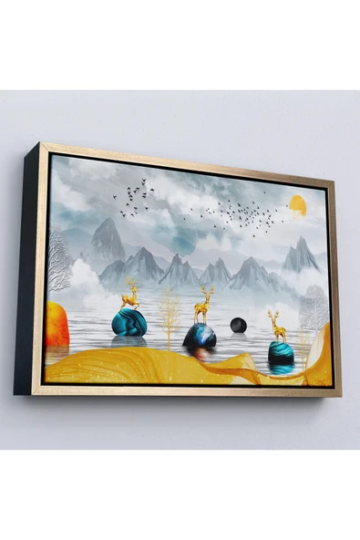 Trezon Ahşap Çerçeveli 3D Modern Tasarım Altın Geyikler Tablosu-7196 ürün görseli 1