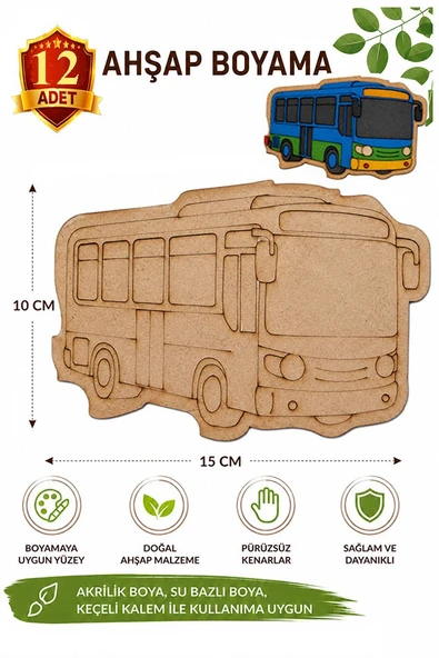 Ahşap Boyama Otobüs 12 Adet 10x15cm Araba Boyama Figürü Etkinlik Çoçuk Gelişim Motor Beceri Kreş Anasınıfı ürün görseli 1