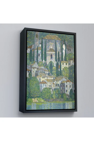 Trezon Ahşap Çerçeveli Gustav Klimt - Cassone'Deki Kilise Selvili Manzara Tablosu-8095 ürün görseli 1