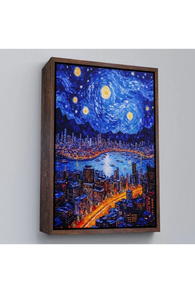Trezon Ahşap Çerçeveli Vincent Van Gogh Tarzı New York Manzara Tablosu-7700 ürün görseli 1