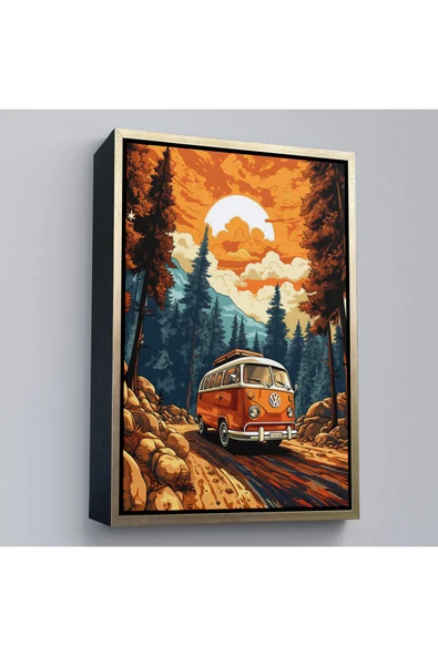 Trezon Ahşap Çerçeveli Retro Volkswagen Minibüs Ve Manzara Tablosu-7811 ürün görseli 1