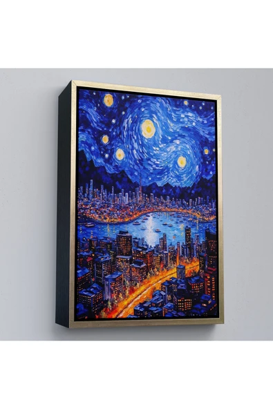 Trezon Ahşap Çerçeveli Vincent Van Gogh Tarzı New York Manzara Tablosu-7700 ürün görseli 1