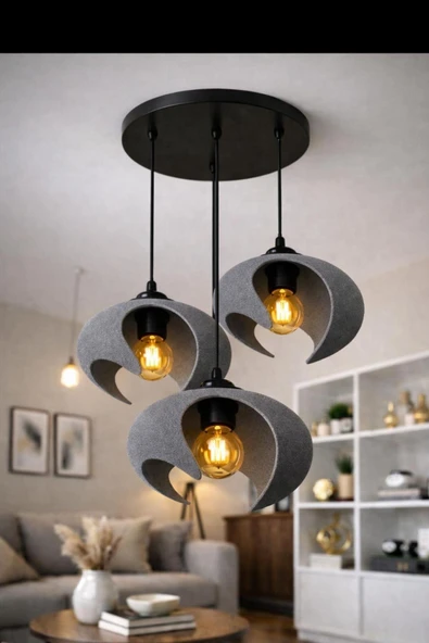 TIGEA Accessories BETON DOKULU İSKANDİNAV TARZ PREMİUM SALON/ OTURMA ODASI SARKIT ÜÇLÜ SALON AVİZE ürün görseli 1