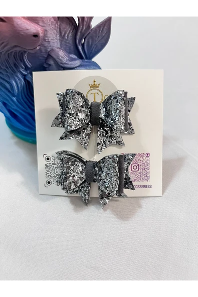 TIGEA Accessories El Yapımı Işıltılı Suni Deri Glıtter Fiyonk Saç Tokası Ikili ürün görseli 1