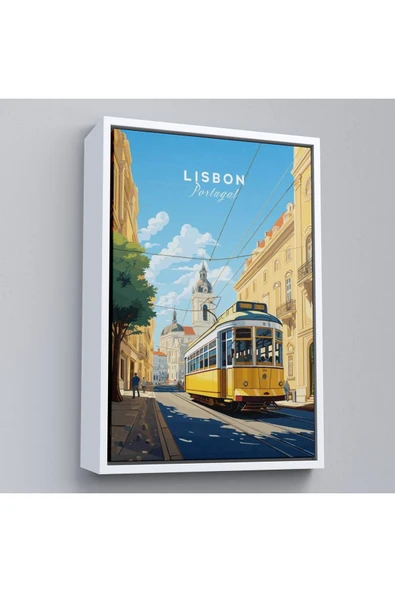 Trezon Ahşap Çerçeveli Portekiz Lizbon Sarı Tramvay Tablosu-7972 ürün görseli 1