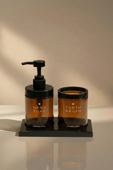KHAKMA Amber Cam Sabunluk ve Diş Fırçalık Seti | Banyo Organizer Standlı 2’li Set | 2’li Cam Banyo Seti ürün görseli 1