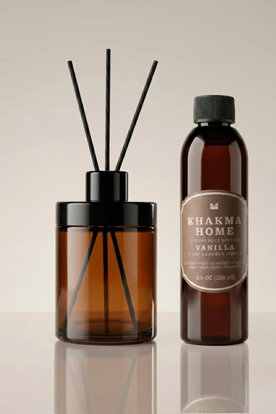 KHAKMA 220 ml Amber Cam Difüzör Şişesi ve Vanilya Oda Kokusu – Bambu Çubuklu Oda Kokusu ürün görseli 1