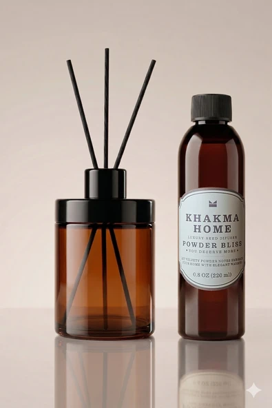 KHAKMA 220 ml Amber Cam Difüzör Şişesi ve Pudra Oda Kokusu – Bambu Çubuklu Oda Kokusu ürün görseli 1