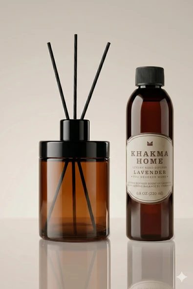 KHAKMA 220 ml Amber Cam Difüzör Şişesi ve Lavanta Oda Kokusu – Bambu Çubuklu Oda Kokusu ürün görseli 1