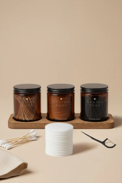 KHAKMA Ahşap Standlı Amber Cam Banyo Organizer Seti–COTTON BUDS & PADS & DENTAL CARE Yazılı–3'lü Set/250 ml ürün görseli 1