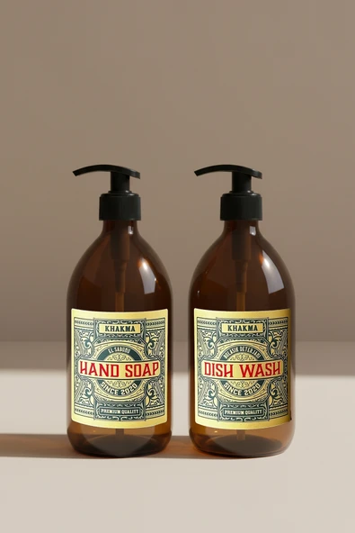 KHAKMA 500 ml Amber Renkli 2'li Vintage Cam Sabunluk Seti ürün görseli 1