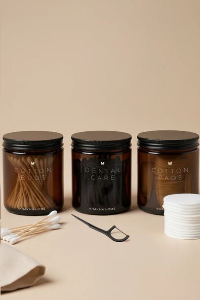 KHAKMA Amber Cam Banyo Organizer Seti – COTTON BUDS & COTTON PADS & DENTAL CARE Yazılı – 3'lü Set / 250 ml ürün görseli 1