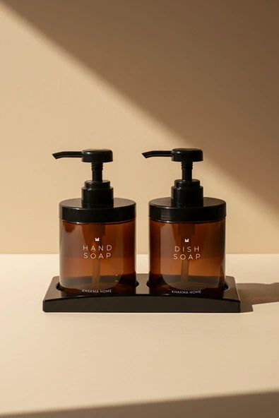 KHAKMA 2’li Amber Cam Sabunluk Pompalı Set | Siyah Standlı El ve Bulaşık Sabunu Seti | 250 ml ürün görseli 1