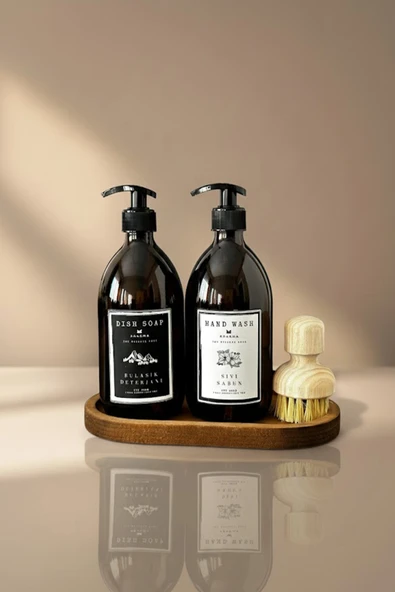 KHAKMA Ahşap Stantlı 2'li Amber Cam Sıvı Sabun Bulaşık Deterjanı Şişesi Sabunluk 500ml Stantlıbhsd ürün görseli 1