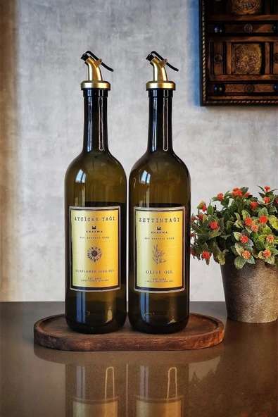 KHAKMA Ahşap Stantlı Amber Gold 2'li 750 Ml Zeytinyağı Sıvıyağ Şişesi Yağdanlık Yağlık 750stantlıg ürün görseli 1