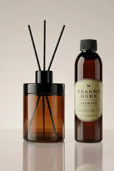 KHAKMA 220 ml Amber Cam Difüzör Şişesi ve Yasemin Oda Kokusu – Bambu Çubuklu Oda Kokusu ürün görseli 1