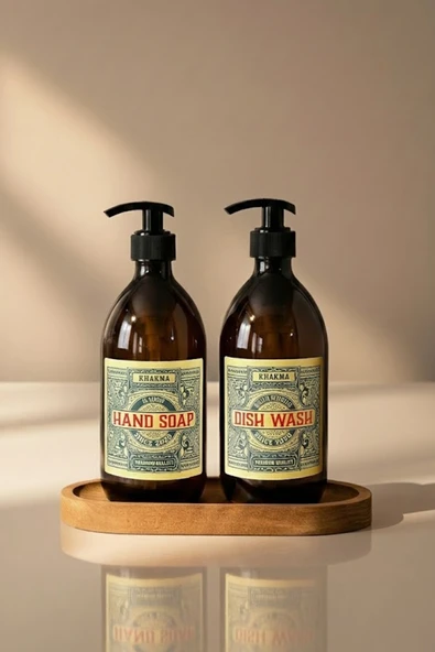 KHAKMA Ahşap Stantlı 500 Ml Amber Renkli 2'li Vintage Cam Sabunluk Seti Vintage2stantlısetsabunluk ürün görseli 1