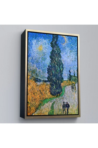 Trezon Ahşap Çerçeveli Vincent Van Gogh - Selvili Ve Yıldızlı Yol Tablo - Road With Cypress And Star-7443 ürün görseli 1