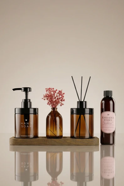 KHAKMA Ahşap Stantlı Amber Cam Sabunluk, Diffuser, Oda Kokusu ve Mini Vazolu Dekoratif Banyo Seti 220 ml ürün görseli 1