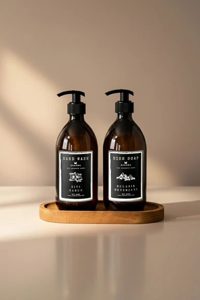 KHAKMA Oval Ahşap Stantlı 2'li Sıvı Sabun Bulaşık Deterjanı Şişesi Queen Sıvı Sabunluk 500ml Ss Hd Oval ürün görseli 1