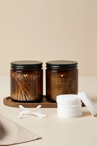 KHAKMA Ahşap Standlı Amber Cam Banyo Organizer Seti – COTTON BUDS & COTTON PADS Yazılı – 2'li Set / 250 ml ürün görseli 1