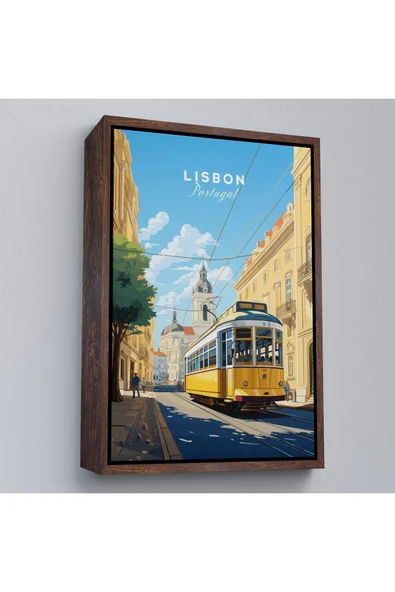 Trezon Ahşap Çerçeveli Portekiz Lizbon Sarı Tramvay Tablosu-7972 ürün görseli 1