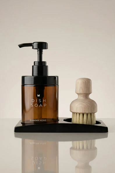 KHAKMA Stantlı Amber Cam Fırçalı Sabunluk Seti 220 ml – Bulaşık Fırçalı Mutfak Lavabo Organizeri ürün görseli 1