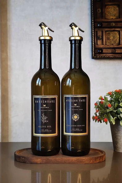 KHAKMA Ahşap Stantlı Amber Siyah Gold 2'li 750 Ml Zeytinyağı Sıvıyağ Şişesi Yağdanlık Yağlık ürün görseli 1