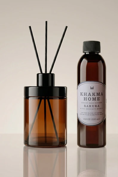KHAKMA 220 ml Amber Cam Difüzör Şişesi ve Sakura Oda Kokusu – Bambu Çubuklu Oda Kokusu ürün görseli 1
