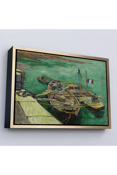 Trezon Ahşap Çerçeveli Vincent Van Gogh - Kum Mavnalarını Boşaltan Adamlarla Rıhtım Tablo-7185 ürün görseli 1