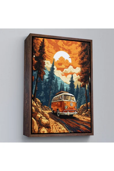 Trezon Ahşap Çerçeveli Retro Volkswagen Minibüs Ve Manzara Tablosu-7811 ürün görseli 1