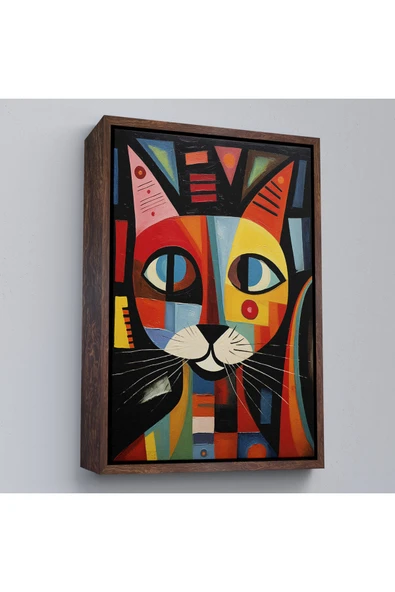Trezon Ahşap Çerçeveli Pablo Picasso Tarzı - Soyut Renkli Kedi Tablo-7374 ürün görseli 1