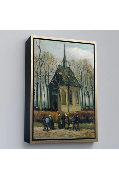 Trezon Ahşap Çerçeveli Vincent Van Gogh - Cemaat Nuenen'Deki Reform Kilisesinden Ayrılıyor Tablo-7466 ürün görseli 1