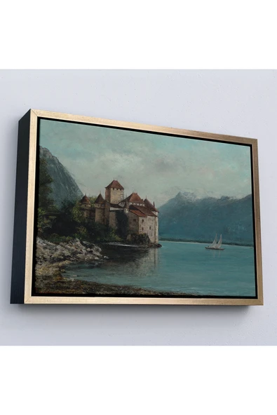 Trezon Ahşap Çerçeveli Gustave Courbet - Cenevre Gölü'Ndeki Chillon Kalesi Tablo-7094 ürün görseli 1