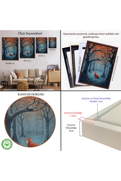 Trezon Ahşap Çerçeveli Soyut Ormandaki Sarı Tilki Tablosu-7514 - Resim 5
